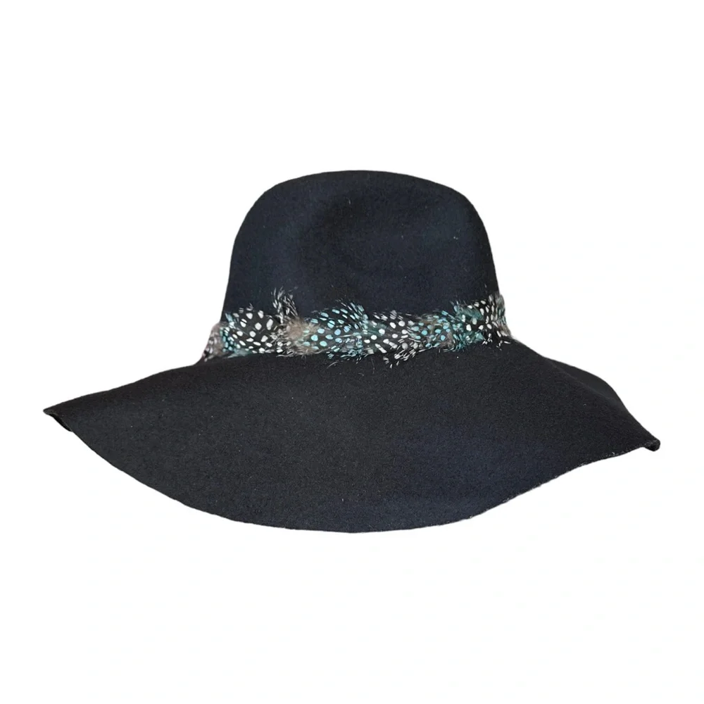 American Eagle Women’s Boho Wide Brim Floppy Hat Black 100% Wool Feather Trim